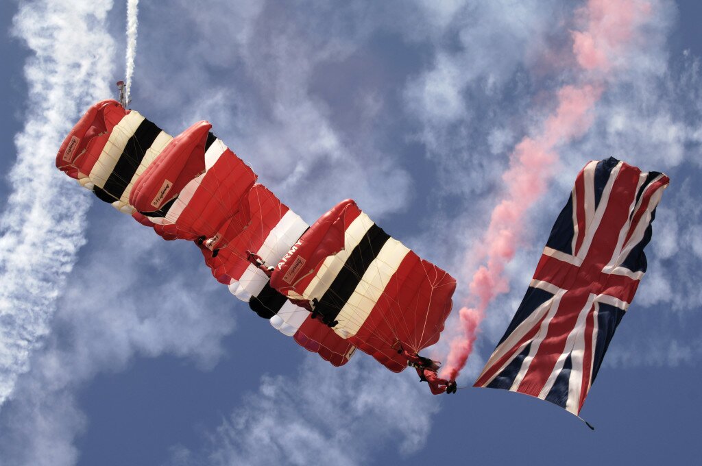 050917-N-5321R-020 Virginia Beach, Va. (Sept. 17, 2005) - United Kingdom Army Regiment's Red Devils present the Union Jack, during the opening ceremonies of the 2005 Naval Air Station Oceana Air Show. The air show, held Sept. 16-18th, showcased civilian and military aircraft from the Nation's armed forces, which provided many flight demonstrations and static displays. U.S. Navy photo by Chief Journalist Daniel C. Ross (RELEASED)